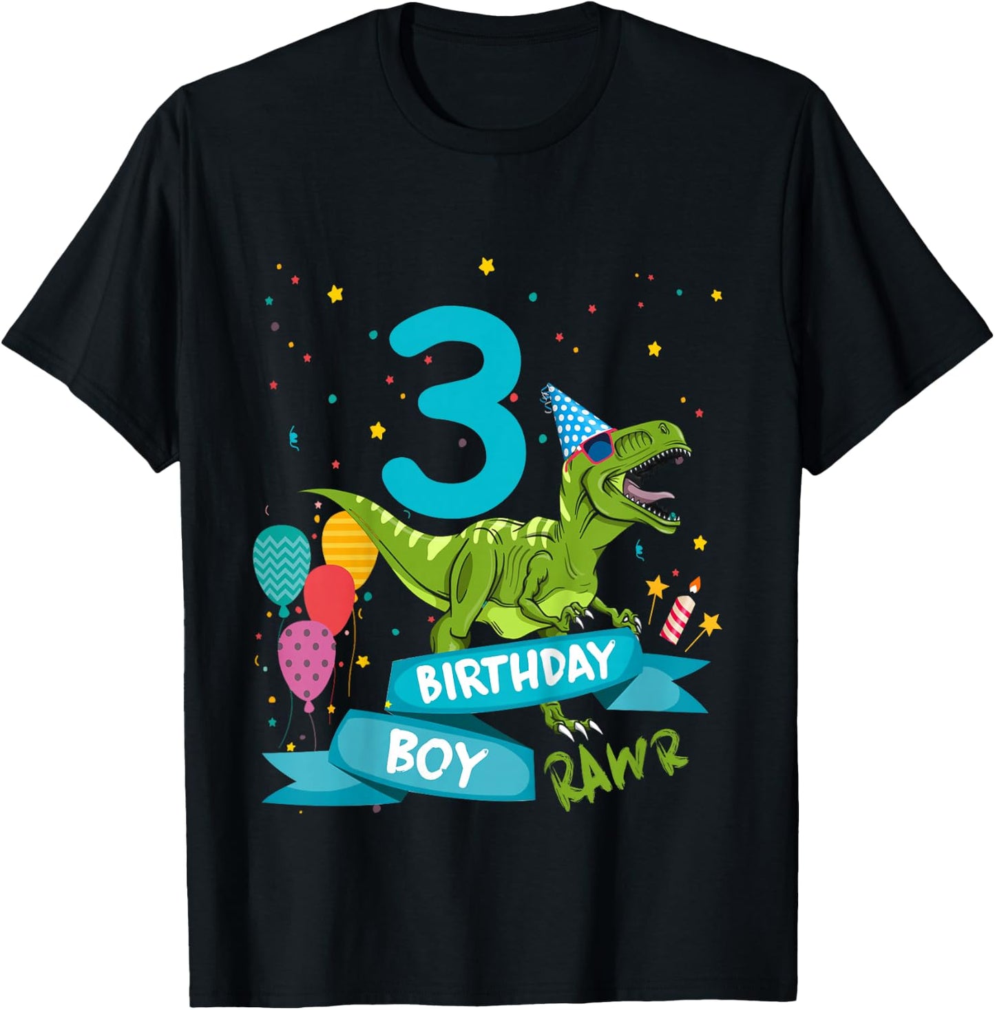 Kids 3rd Birthday Boy Party T-Rex Dinosaur Matching Shirts Rawr 3 T-Shirt - T-Shirt | Black