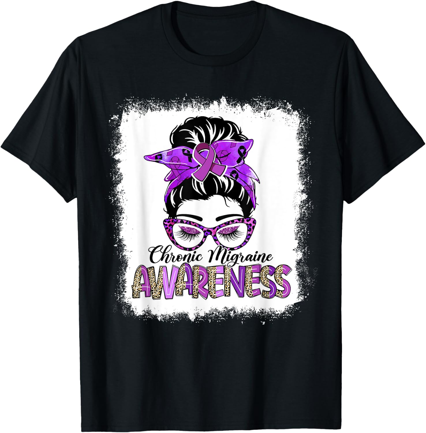 Messy Bun Purple Ribbon Chronic Migraine Awareness Gifts T-Shirt - T-Shirt | Black