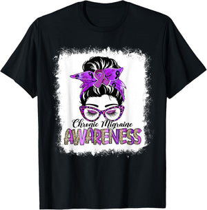 Messy Bun Purple Ribbon Chronic Migraine Awareness Gifts T-Shirt - T-Shirt | Black