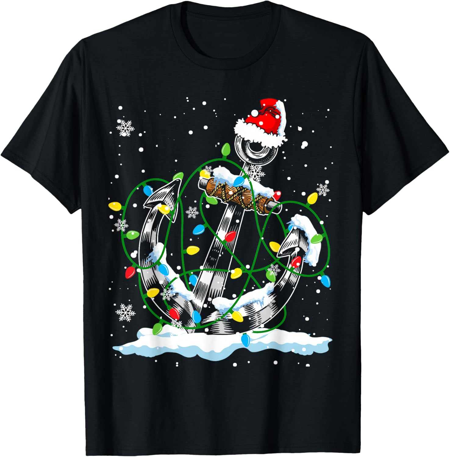 Santa Anchor Cool Christmas Lights Boating Sailing Boat Ship T-Shirt - T-Shirt | Black