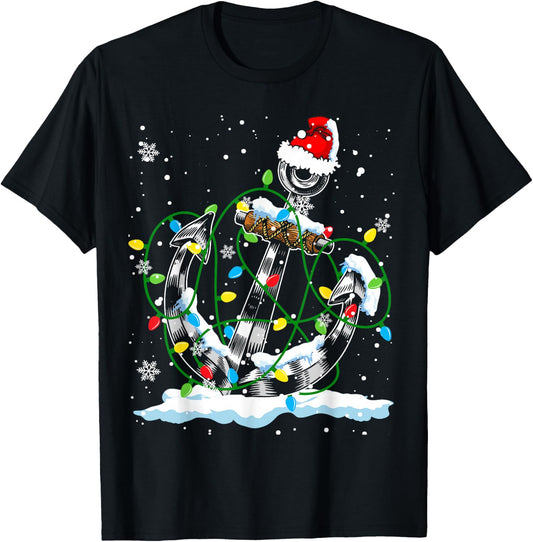 Santa Anchor Cool Christmas Lights Boating Sailing Boat Ship T-Shirt - T-Shirt | Black