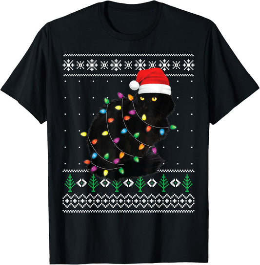 Black Cat Christmas Ugly Sweater Funny Santa Cat T-Shirt - T-Shirt | Black
