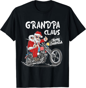 Grandpa Claus Biker Santa Motorcycle Fan Merry Christmas T-Shirt - T-Shirt | Black