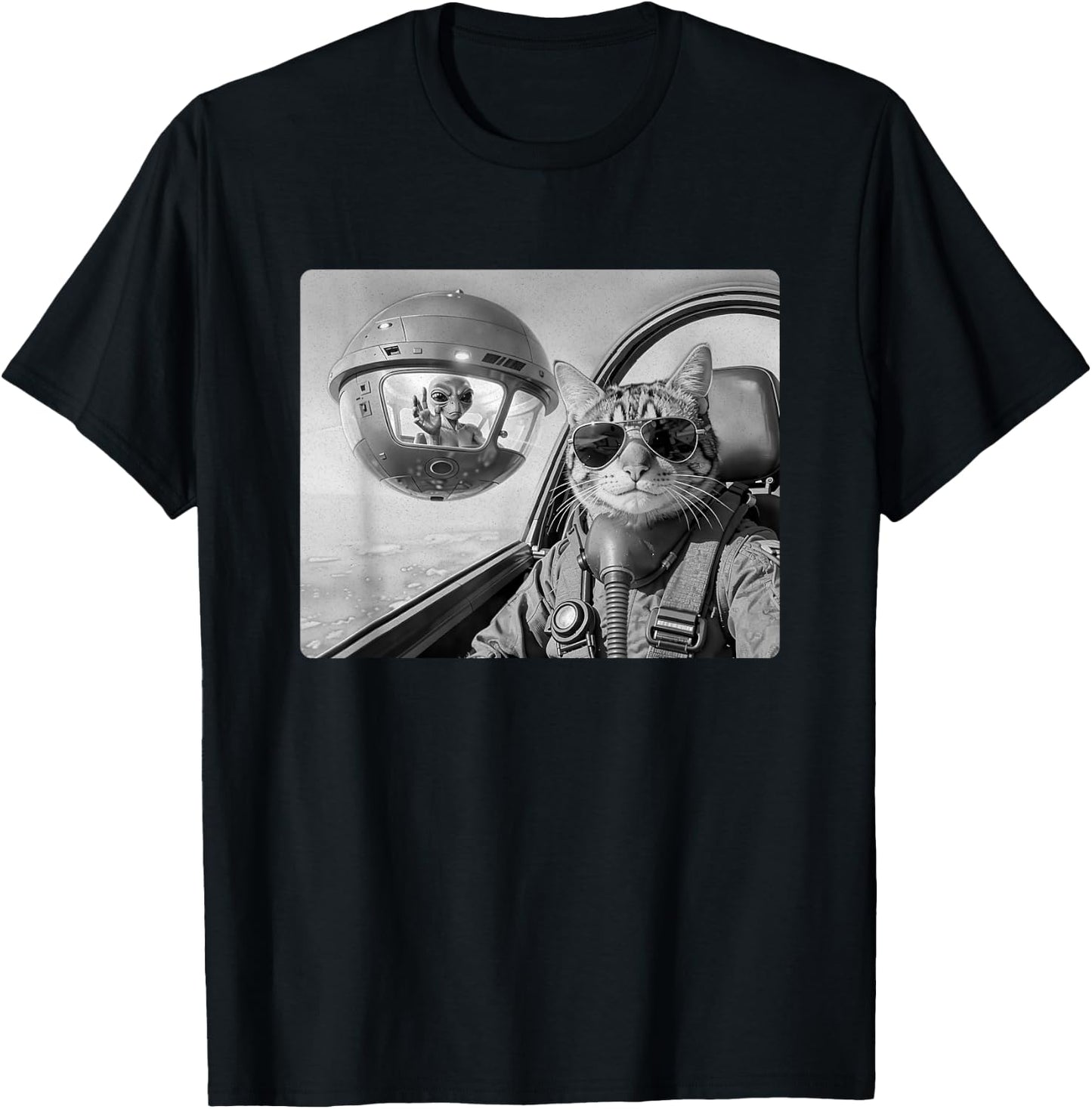 Pilot Cat Selfie with UFO and Alien Fighter Jet Cat Lovers T-Shirt - T-Shirt | Black