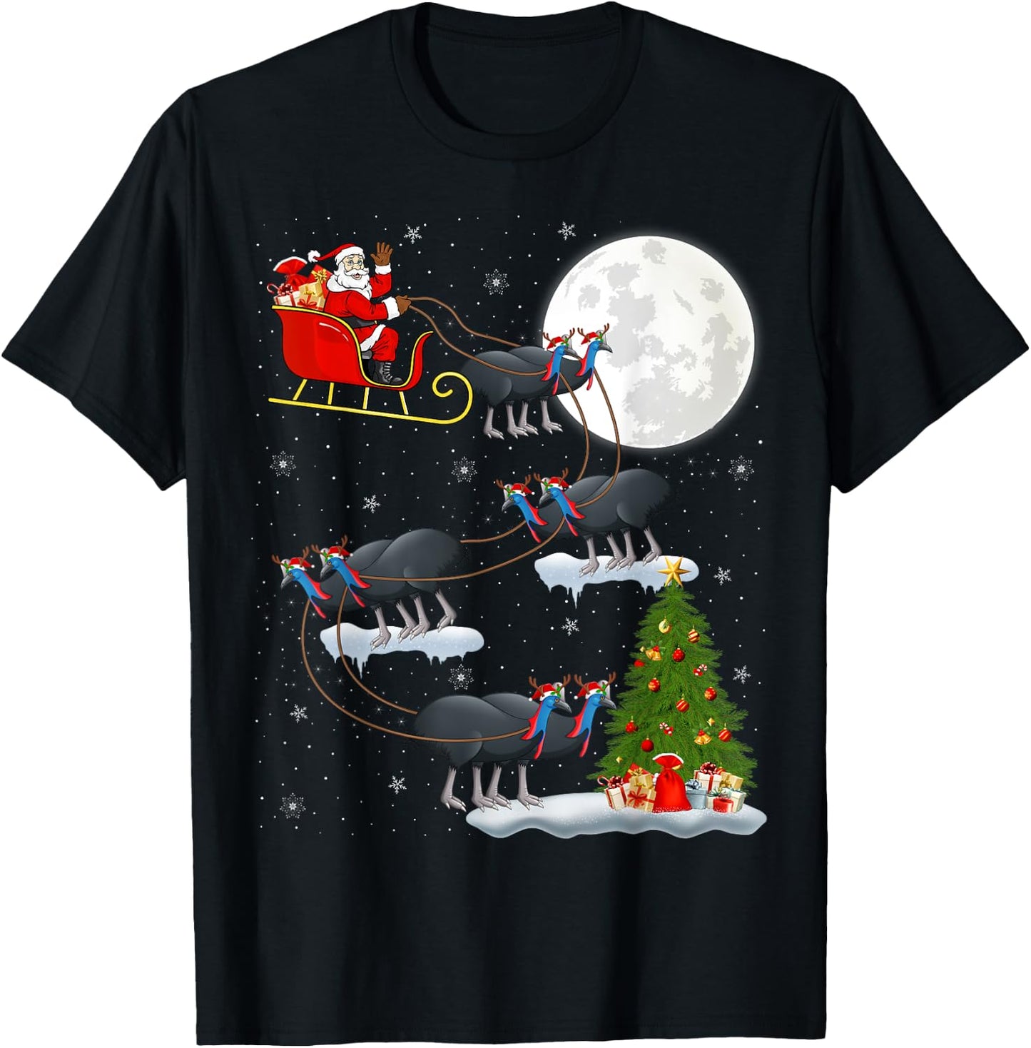 Funny Xmas Lighting Tree Santa Riding Cassowary Christmas T-Shirt - T-Shirt | Black