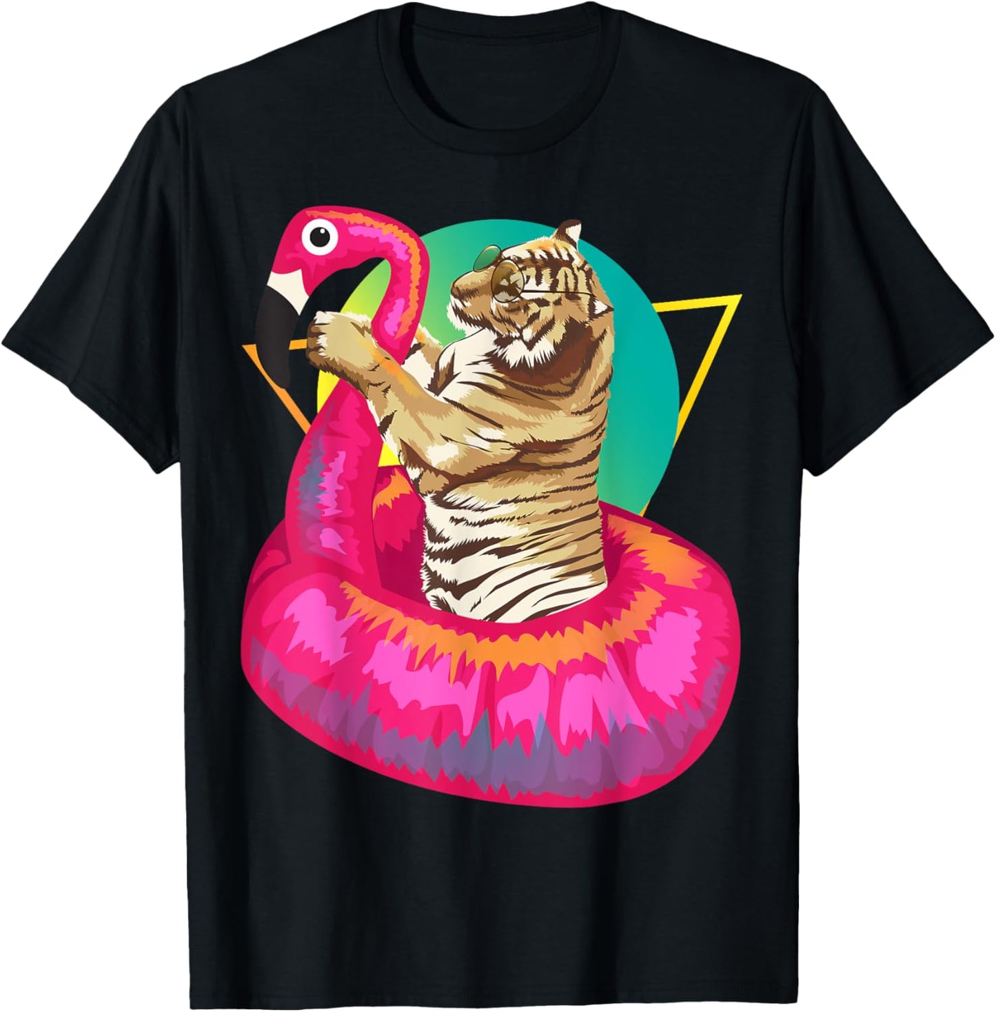 Cool Unique Tiger Chilling In Floating Flamingo Gift T-Shirt - T-Shirt | Black