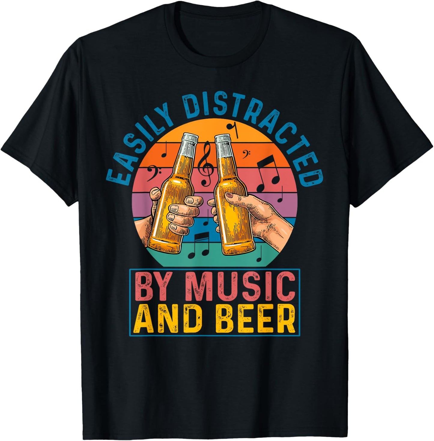 Easily Distracted By Music & Beer Retro Vintage Lover Gift T-Shirt - T-Shirt | Black