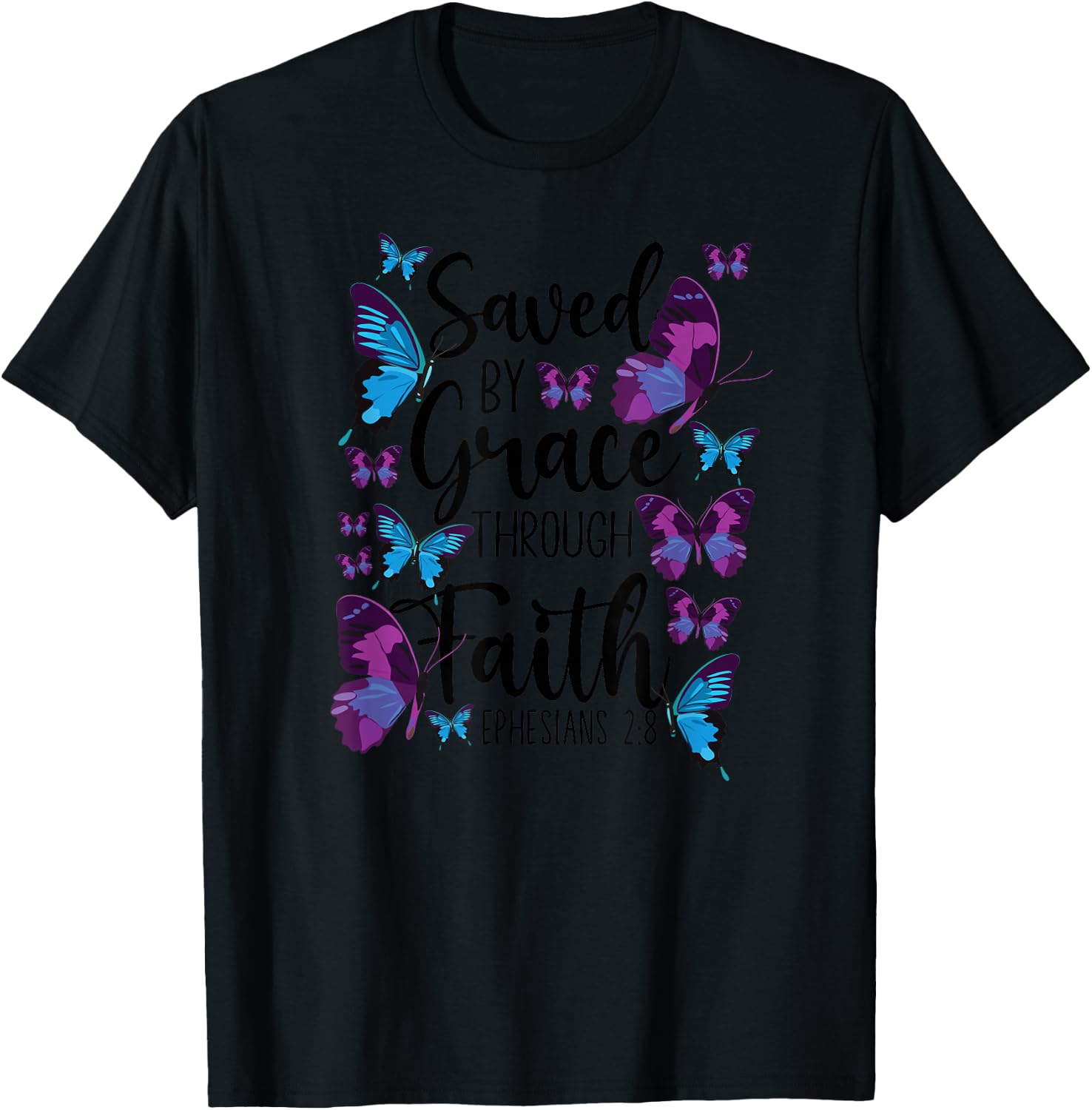 Christian Bible Verse Quote Butterfly Ephesians 2:8 T-Shirt - T-Shirt | Black