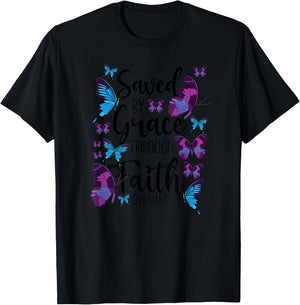 Christian Bible Verse Quote Butterfly Ephesians 2:8 T-Shirt - T-Shirt | Black