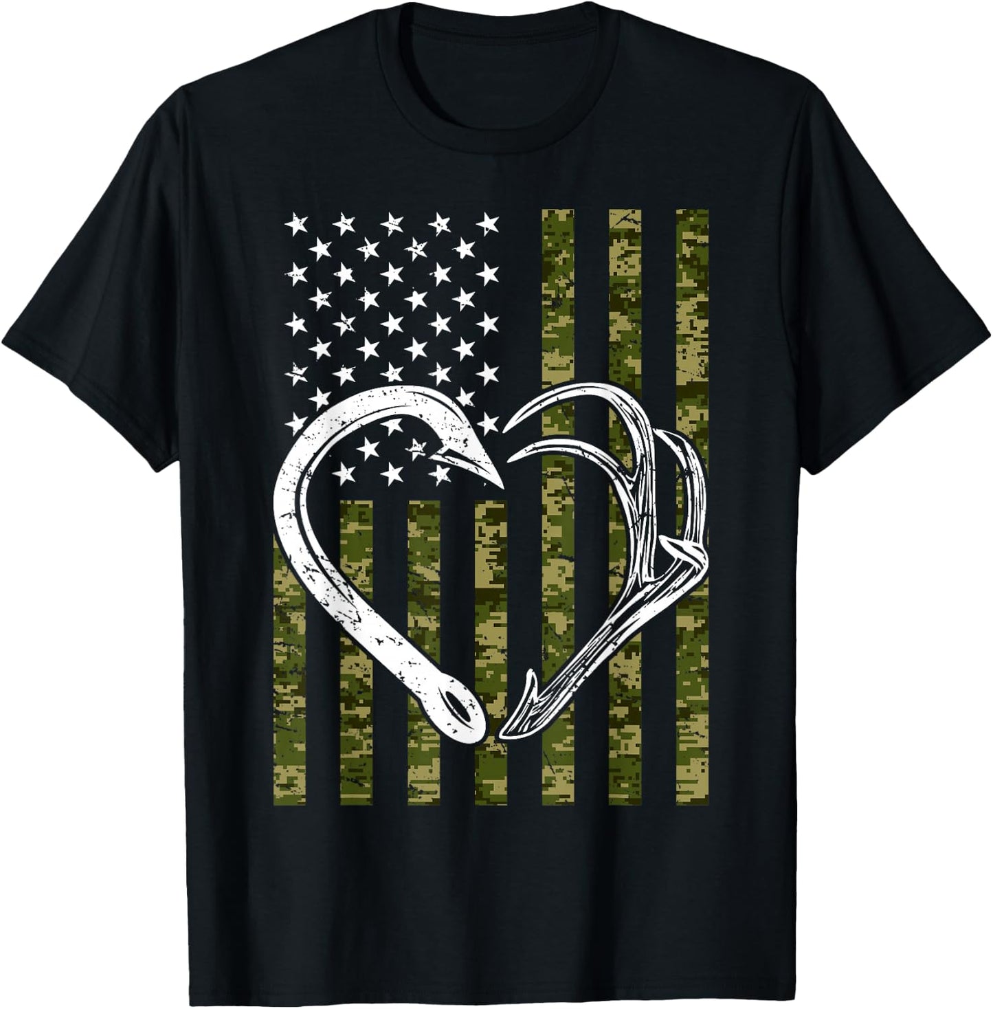 Fishing Hunting Hook Antler American Camoflauge USA Flag T-Shirt - T-Shirt | Black