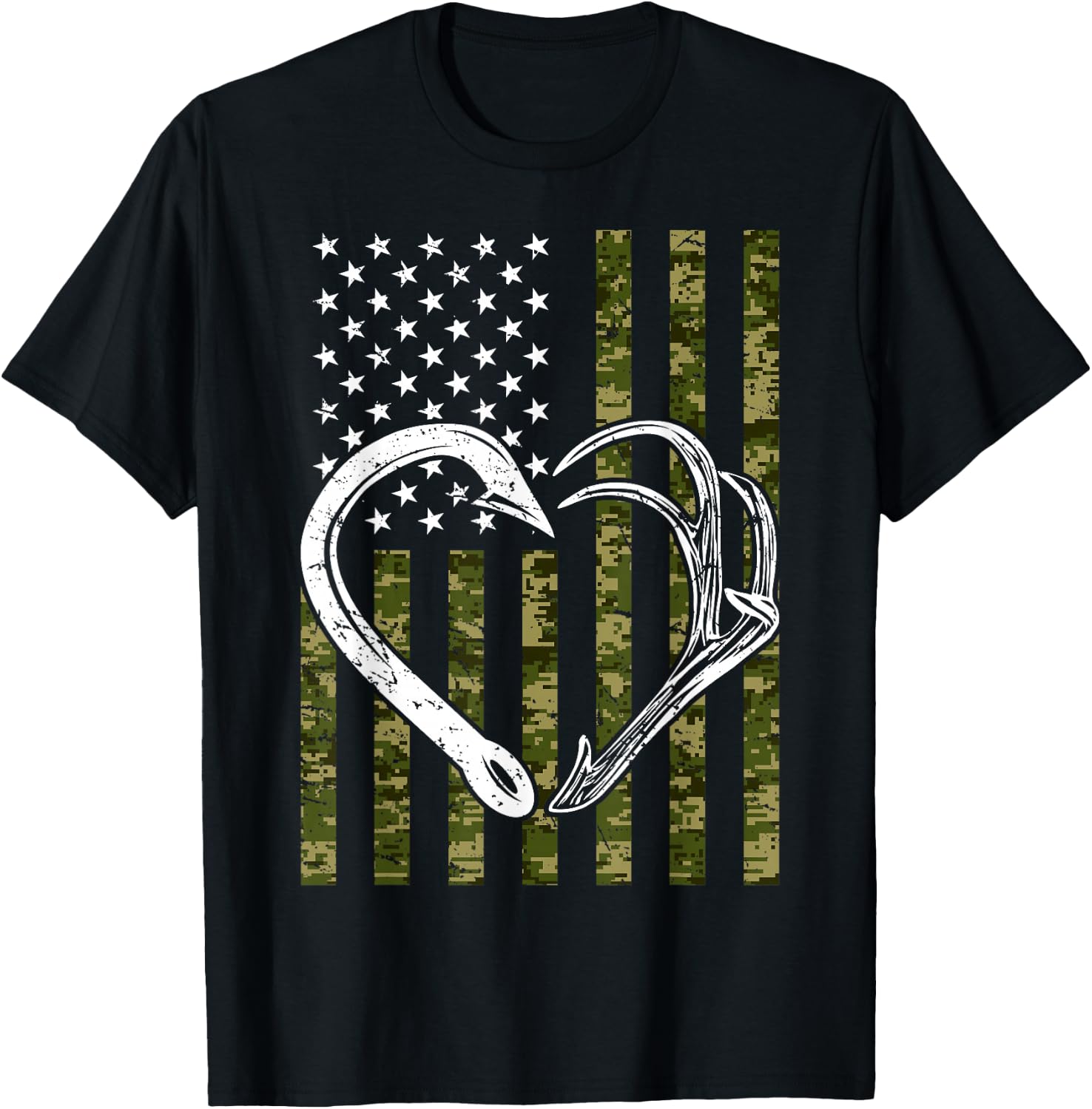 Fishing Hunting Hook Antler American Camoflauge USA Flag T-Shirt - T-Shirt | Black