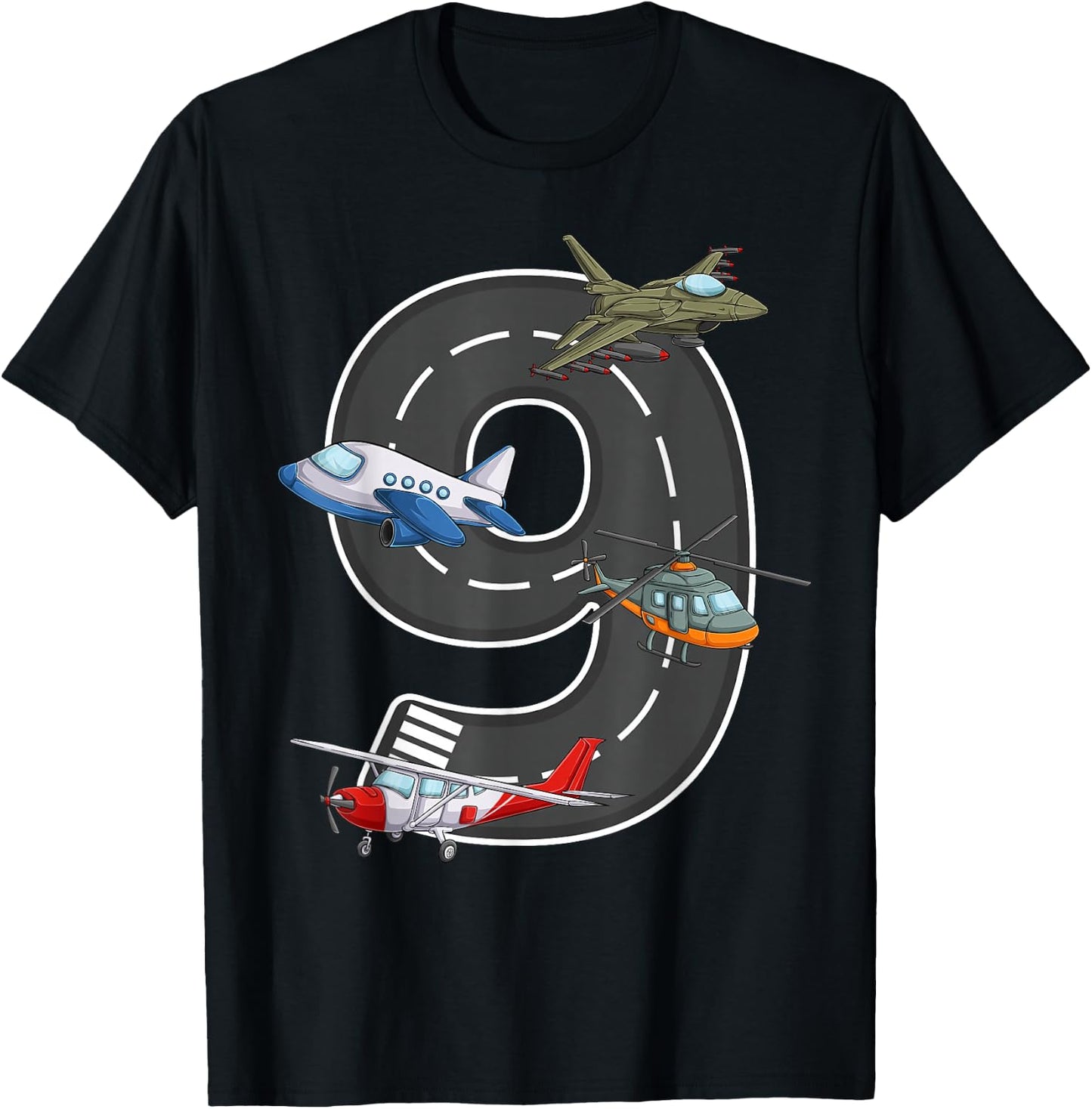 Little Pilot 9th Birthday Party 9 Nine Year Old Airplane T-Shirt - T-Shirt | Black