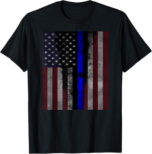 Back the Blue Thin Blue Line American Flag Distressed Men T-Shirt - T-Shirt | Black