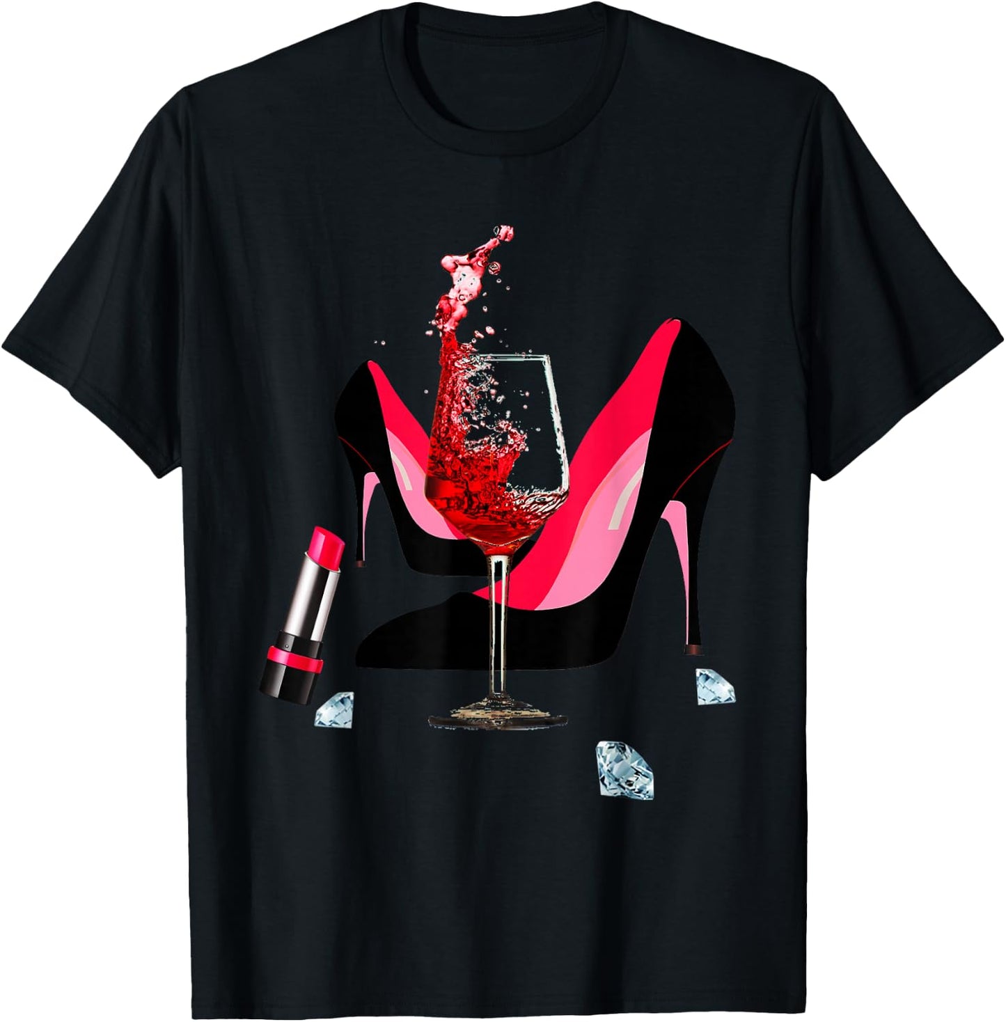 High Heel Shoes, red Lipstick, red Wine Glass and Diamonds T-Shirt - T-Shirt | Black