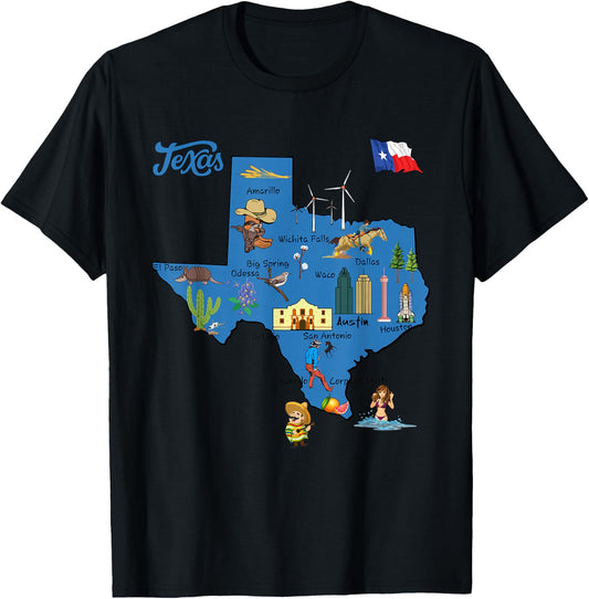 tourism map of Texas state, USA, cities, Landmarks, flag T-Shirt - T-Shirt | Black