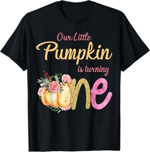 Our Little Pumpkin is Turning 1 Fall 1st Birthday Matching T-Shirt - T-Shirt | Black