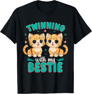 Friendship Twinning Bestie Matching Twin Cat T-Shirt - T-Shirt | Black