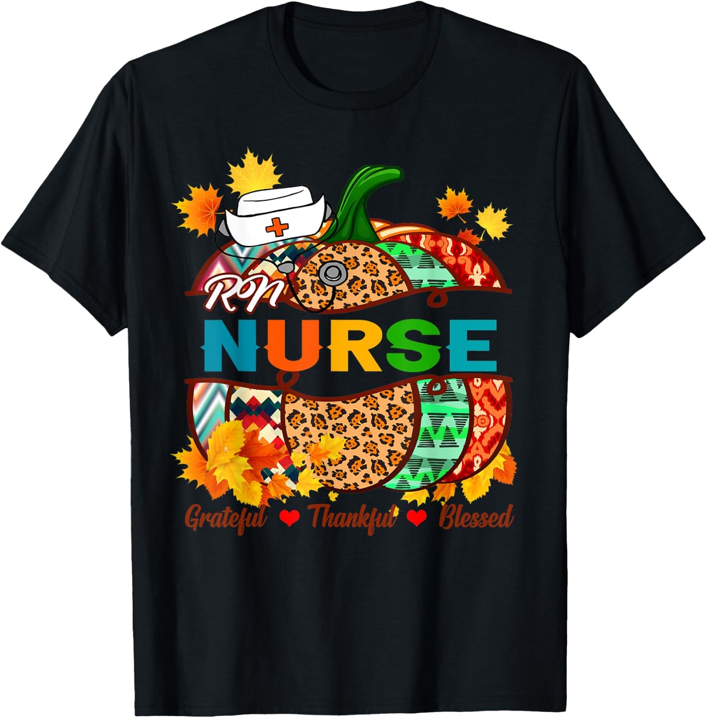RN Nurse RN Grateful Thankful Blessed Pumpkin T-Shirt - T-Shirt | Black