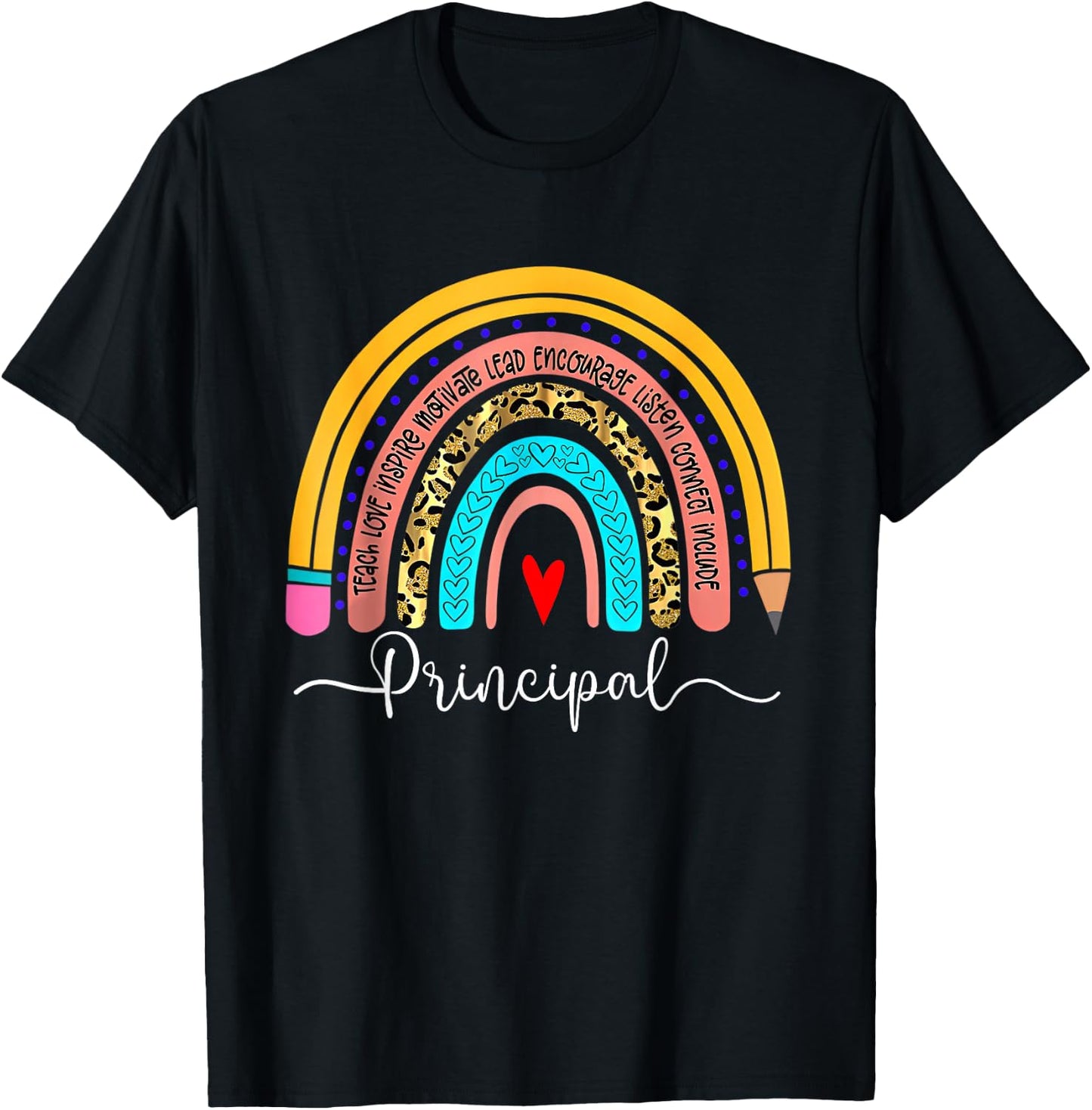 Principal Boho Rainbow Leopard Back to School Principal T-Shirt - T-Shirt | Black