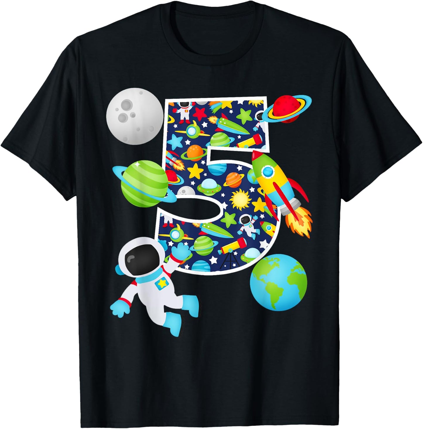 Outer Space 5 Year Old 5th Birthday Party Solar System T-Shirt - T-Shirt | Black