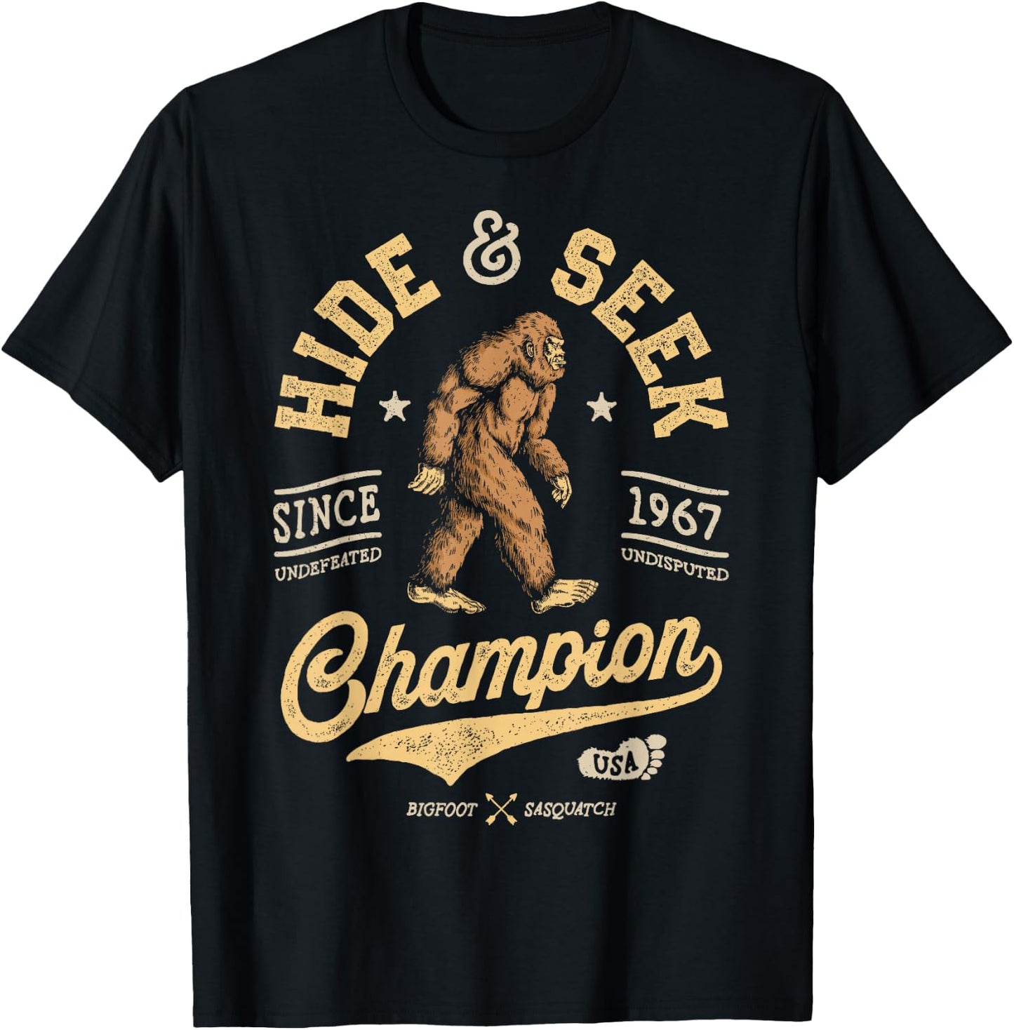 Bigfoot Hide and Seek Champion Funny Sasquatch Retro Vintage Small T-Shirt - T-Shirt | Black