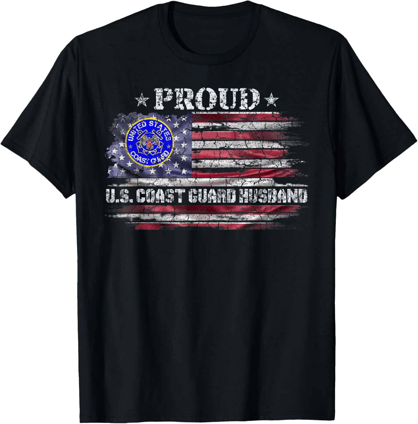 Vintage USA American Flag Proud US Coast Guard Husband Funny Women Men T-Shirt - T-Shirt | Black