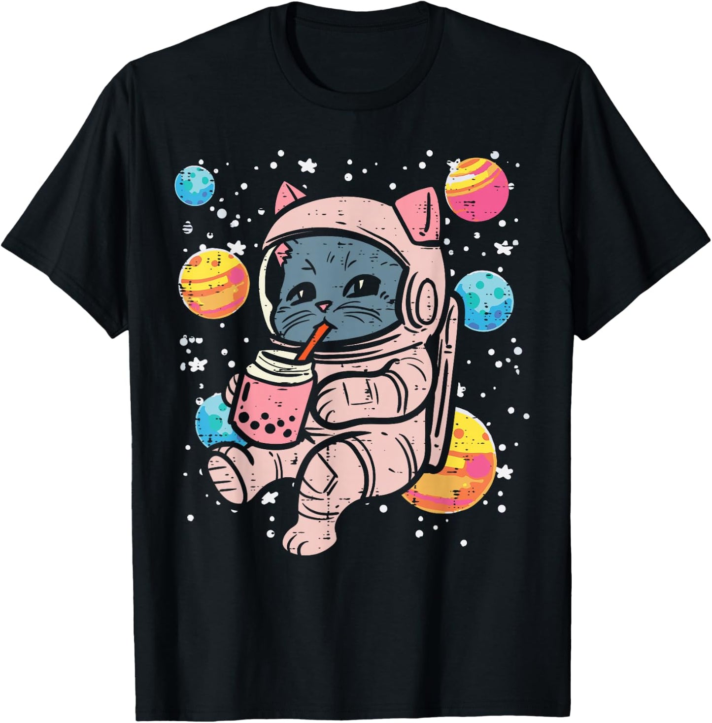 Cat Astronaut Boba Milk Tea Cute Space Women Girls Kids Men T-Shirt - T-Shirt | Black