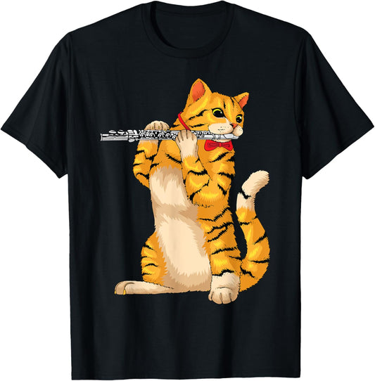 Funny Cat Playing Flute | Cool Animal Musician Fluter Gift Women Girls Kids T-Shirt - T-Shirt | Black