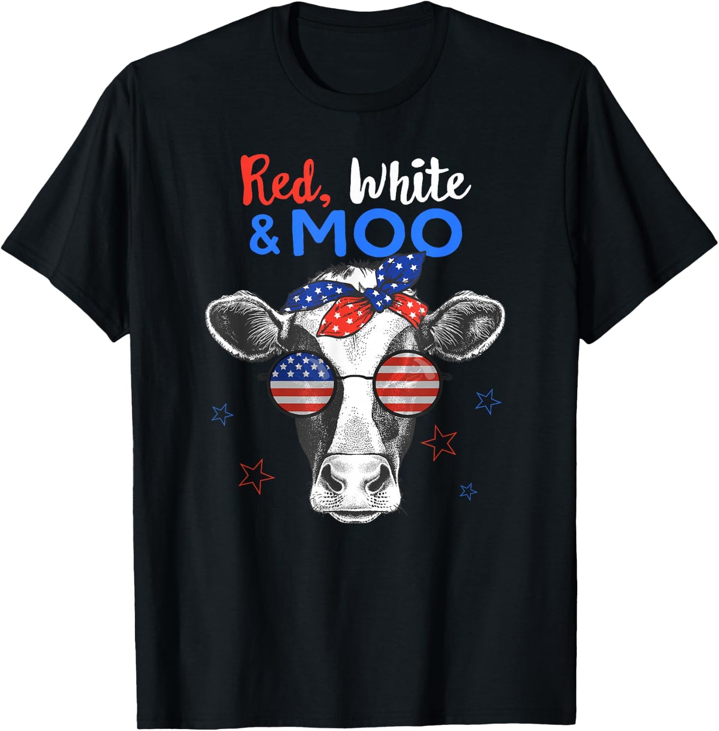 Patriotic Cow USA Flag Funny 4th of July Red White and Moo T-Shirt - T-Shirt | Black