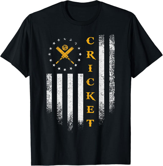 Vintage USA American Flag Cricket Player Team Silhouette T-Shirt - T-Shirt | Black