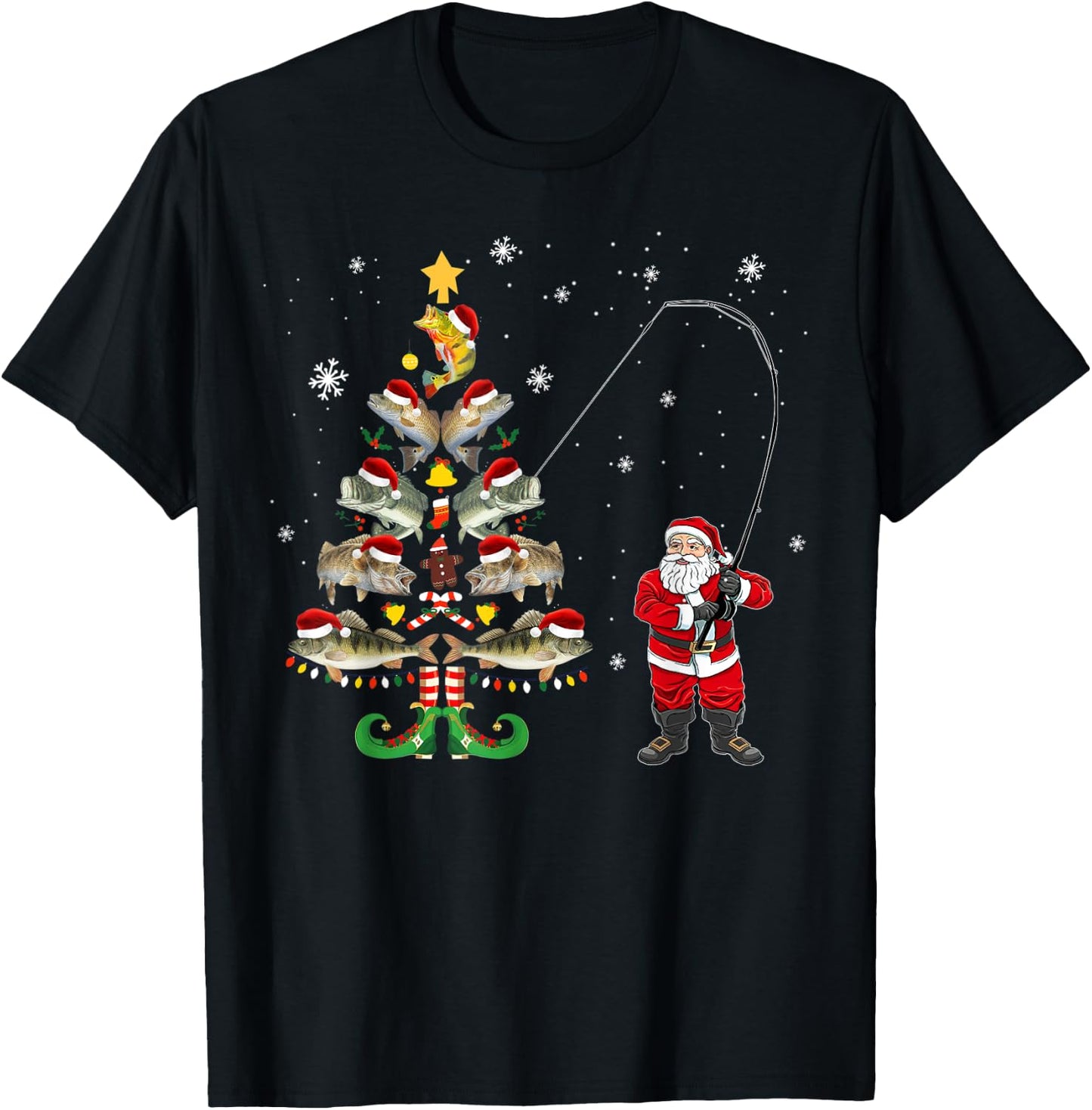 Fishermans Christmas Pajama Gift Tree Lights Merry Fishmas T-Shirt - T-Shirt | Black