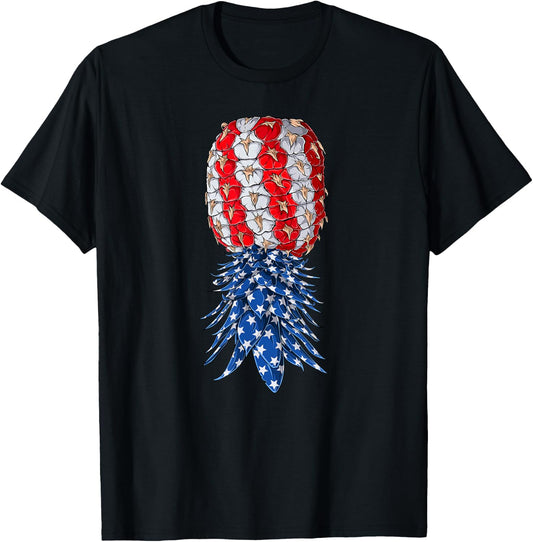 July Patriotic Red White Blue Upside Down Pineapple Swinger Women Men T-Shirt - T-Shirt | Black