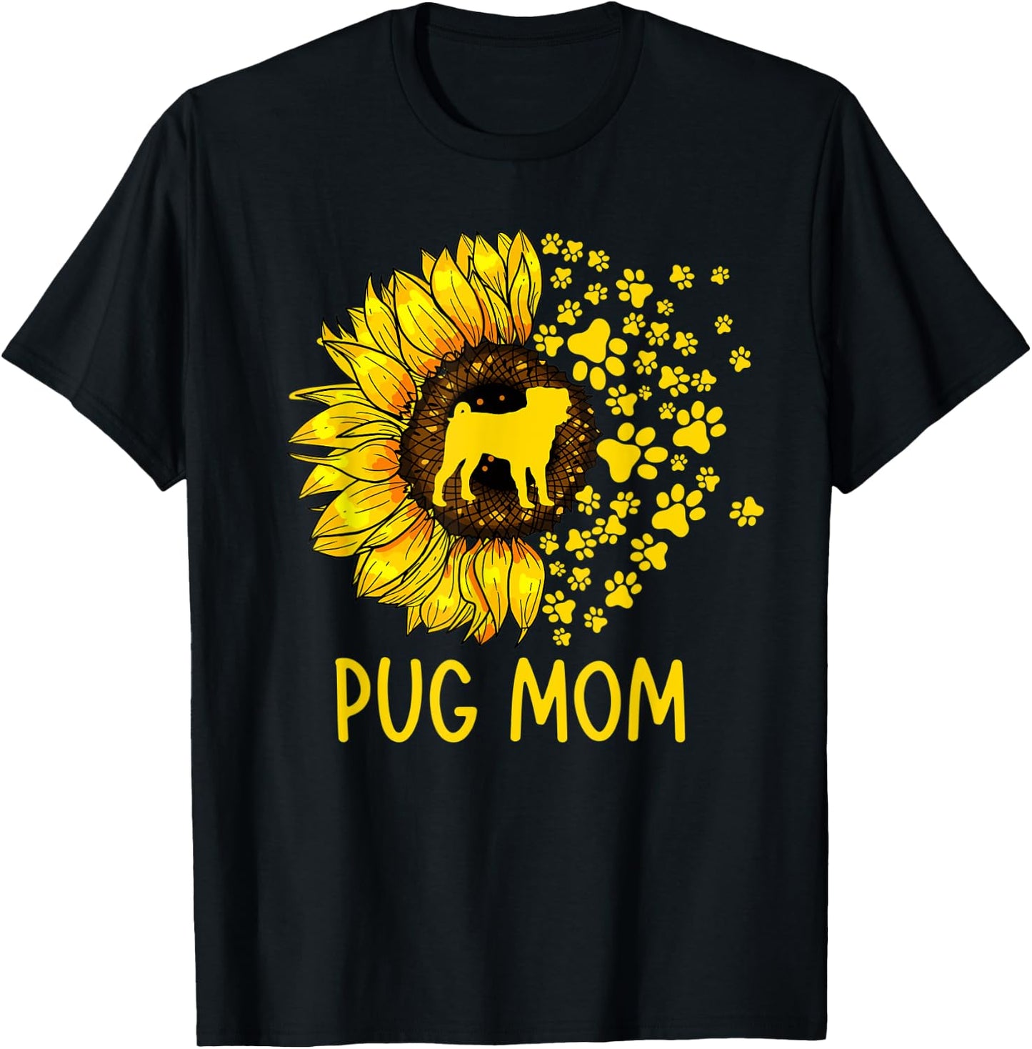 Pug Mom Sunflower Mothers Day Pug Lover T-Shirt - T-Shirt | Black