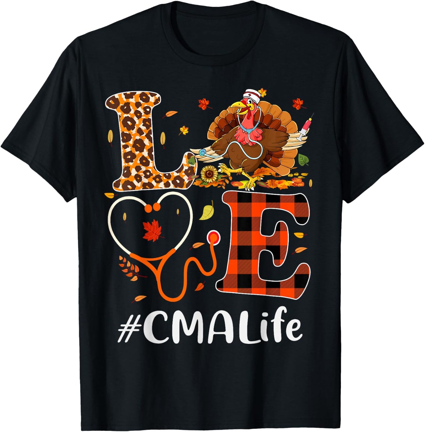 CMA Certified Medical Assistant Love Thanksgiving Leopard T-Shirt - T-Shirt | Black