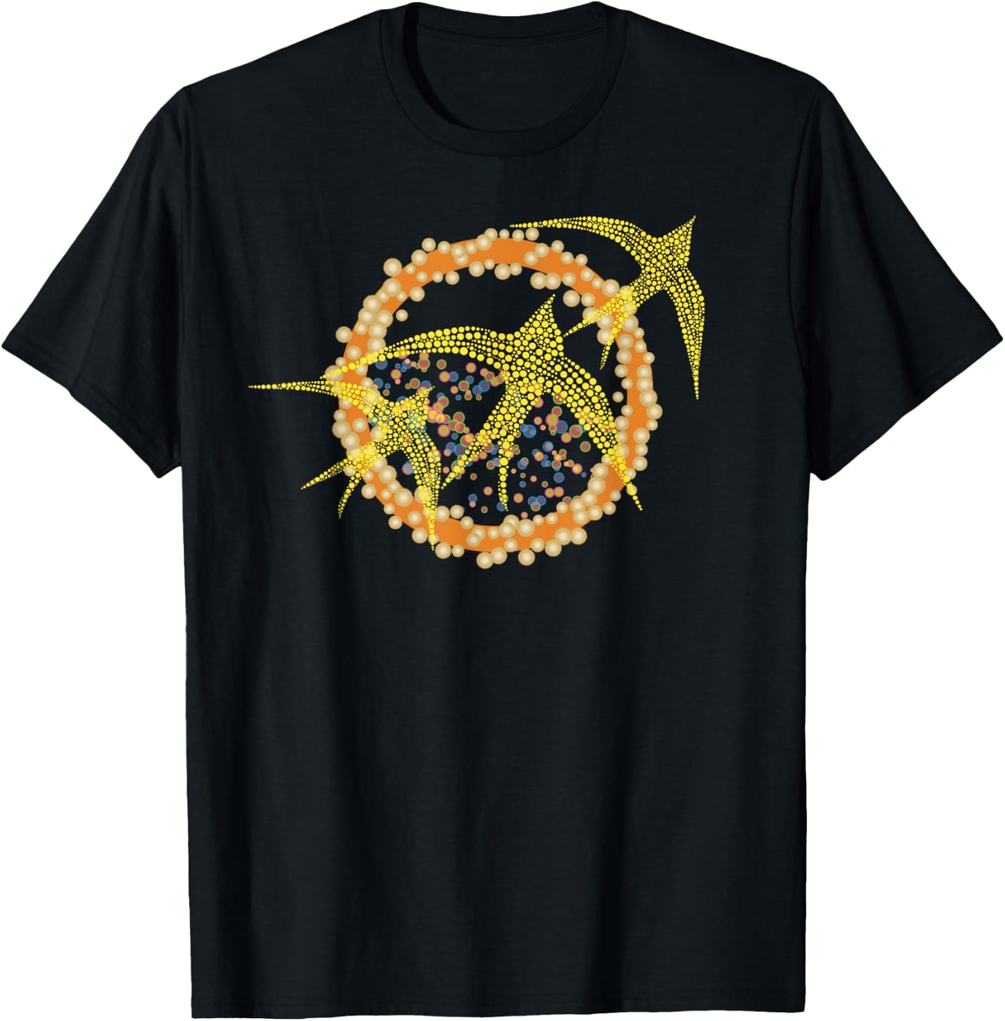 3 Birds Flying, Birding Sun Art with Orange Dots and Circles T-Shirt - T-Shirt | Black