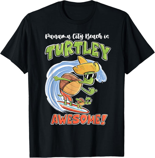 Cute Panama City Beach Kid's shirt Fun Turtle on Surfboard T-Shirt - T-Shirt | Black