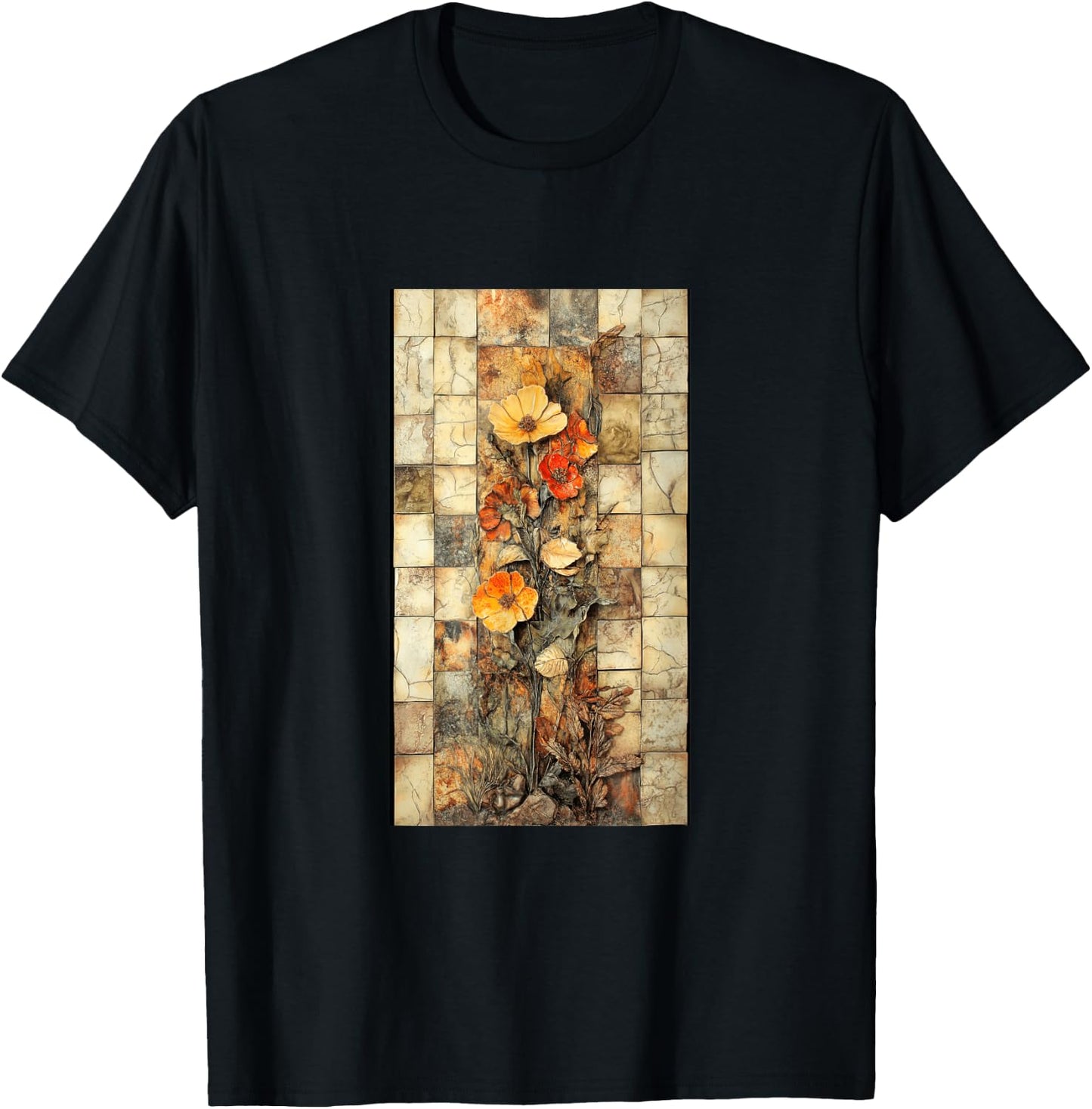 Vibrant Mosaic Tiles Floral Botanical Floral T-Shirt - T-Shirt | Black