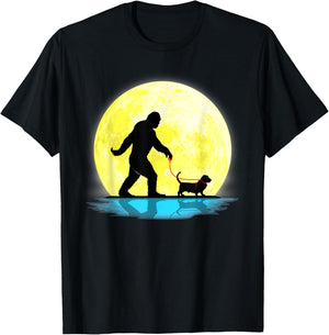 Cute Bigfoot Walking Basset Hound Full Moon Light Lovers T-Shirt - T-Shirt | Black