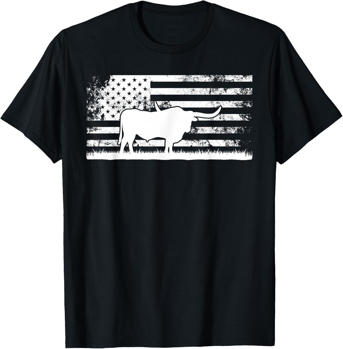 American Flag USA - Texas Longhorn Cow for Cattle Farmer T-Shirt - T-Shirt | Black