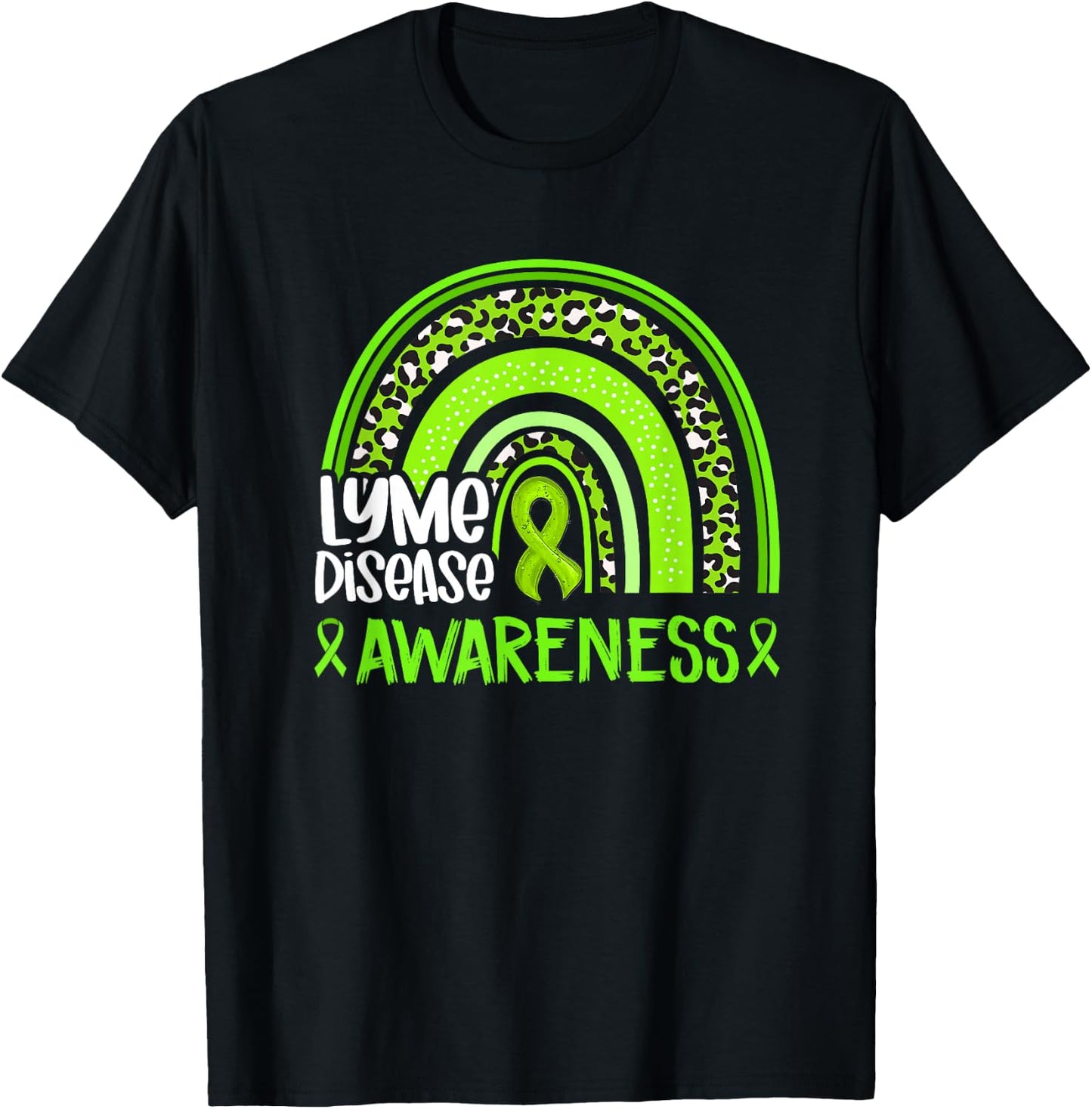Leopard Rainbow Lime Green Ribbon Lyme Disease Awareness T-Shirt - T-Shirt | Black