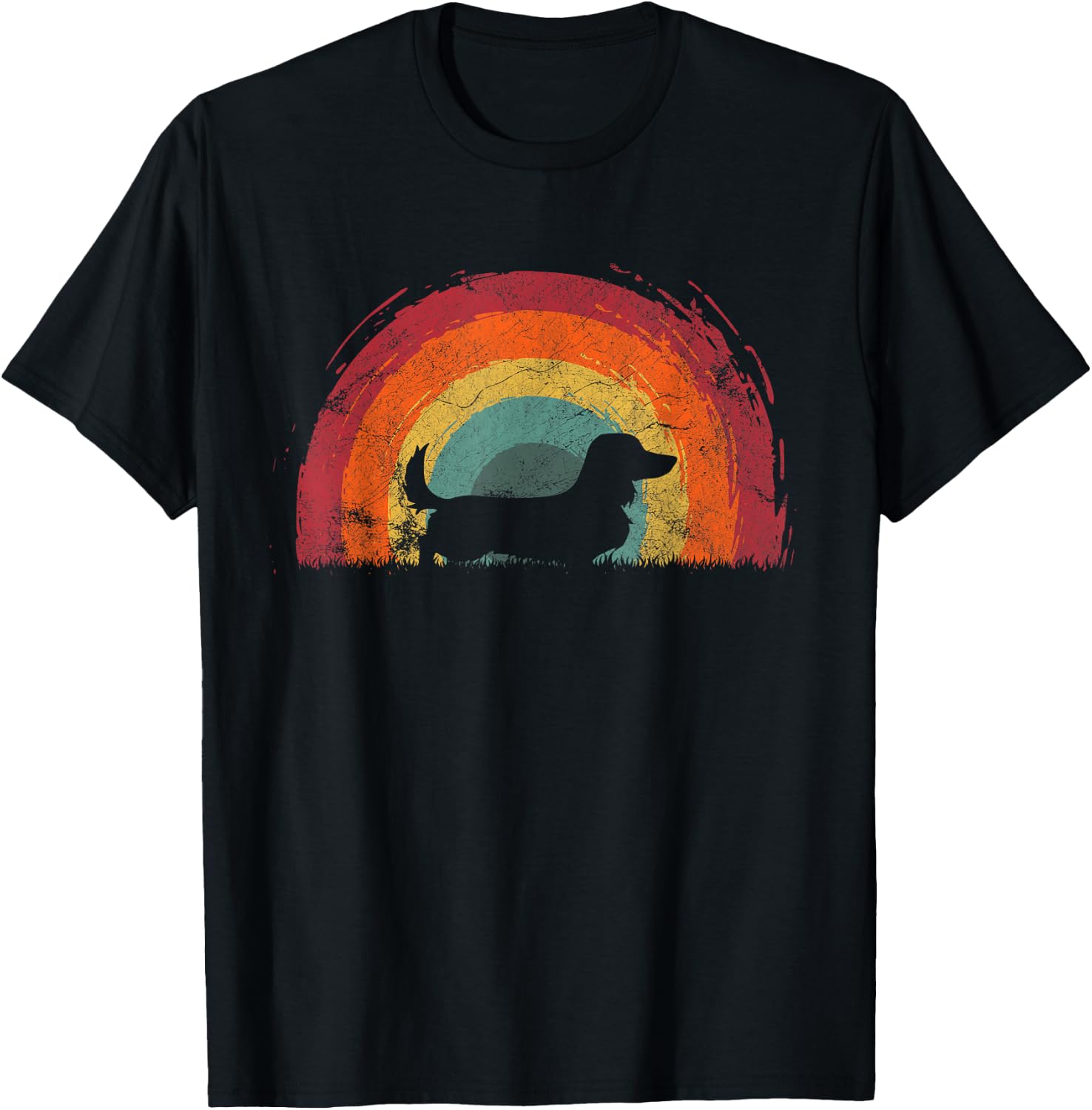 Long Haired Dachshund Vintage Rainbow Dog Men Women T-Shirt - T-Shirt | Black