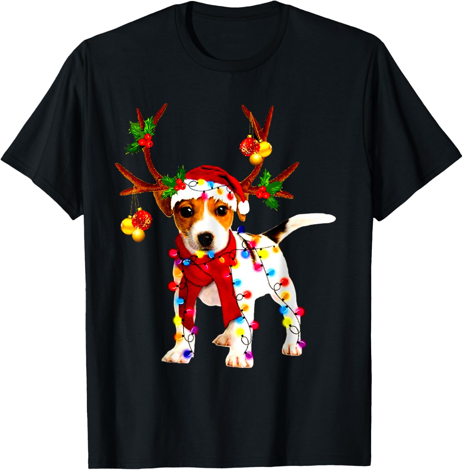 Santa jack russell gorgeous reindeer Light Christmas T-Shirt - T-Shirt | Black
