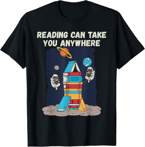 Reading Can Take You Anywhere Astronaut Book Lover Teacher Women Kids T-Shirt - T-Shirt | Black
