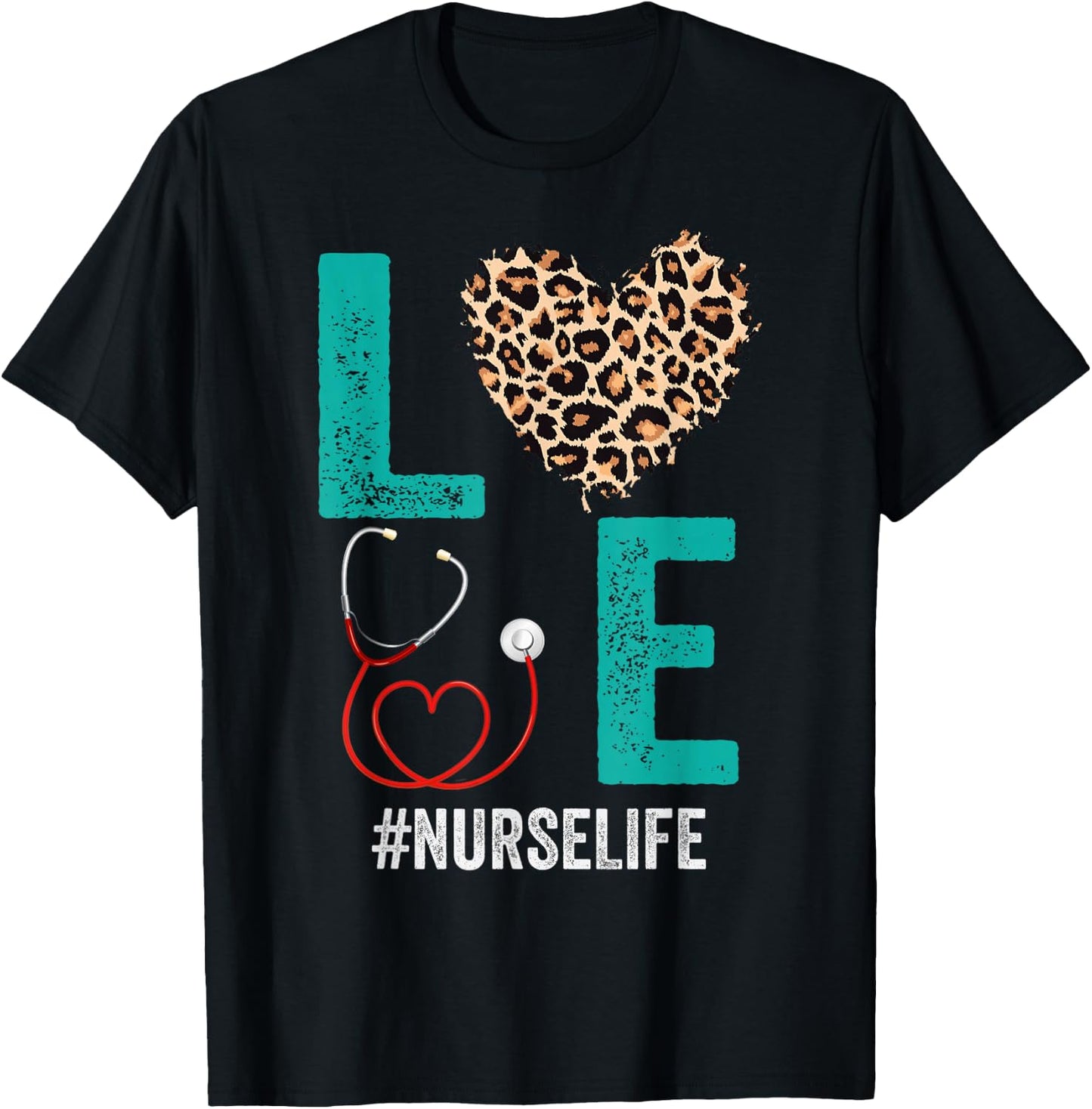 RN LPN CNA Healthcare Cheetah Heart Leopard Nurse Life T-Shirt - T-Shirt | Black