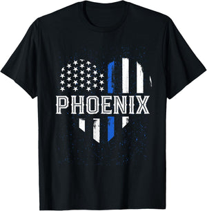 Thin Blue Line Heart Phoenix Police Officer Patriotic Cops T-Shirt - T-Shirt | Black