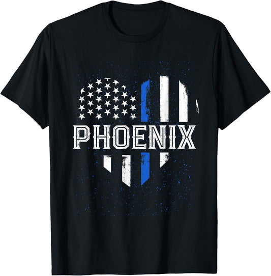 Thin Blue Line Heart Phoenix Police Officer Patriotic Cops T-Shirt - T-Shirt | Black
