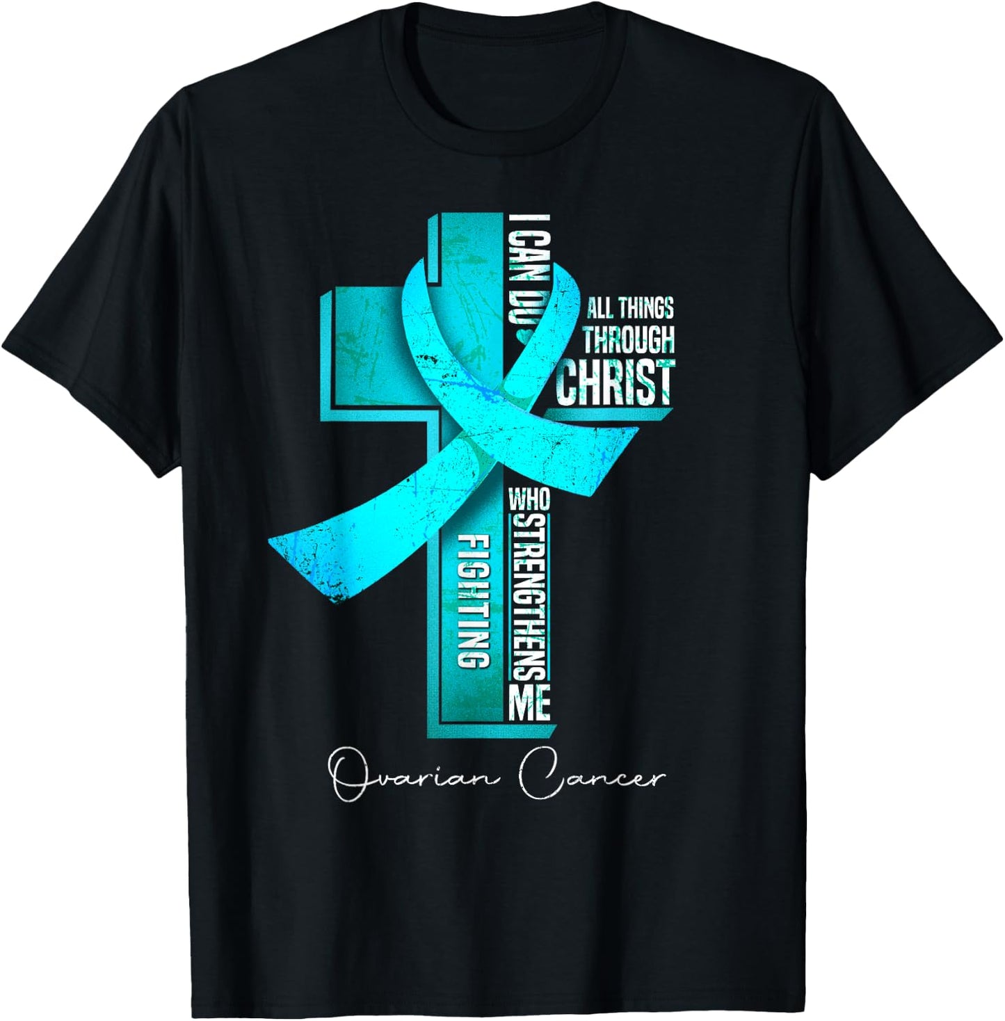 Ovarian Cancer Awareness Teal Ribbon Christian Cross T-Shirt - T-Shirt | Black