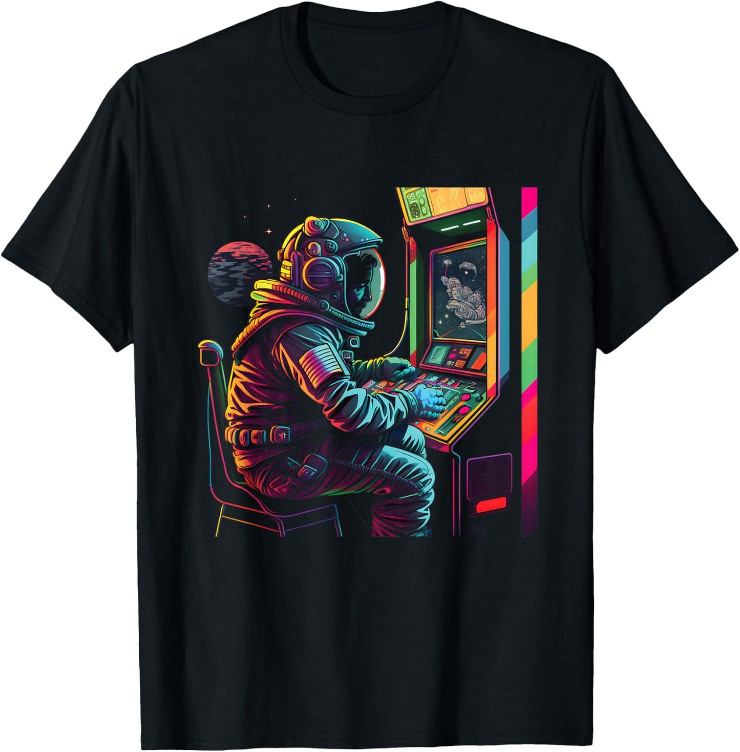 Retro Arcade Planets Universe Gaming Astronaut T-Shirt - T-Shirt | Black