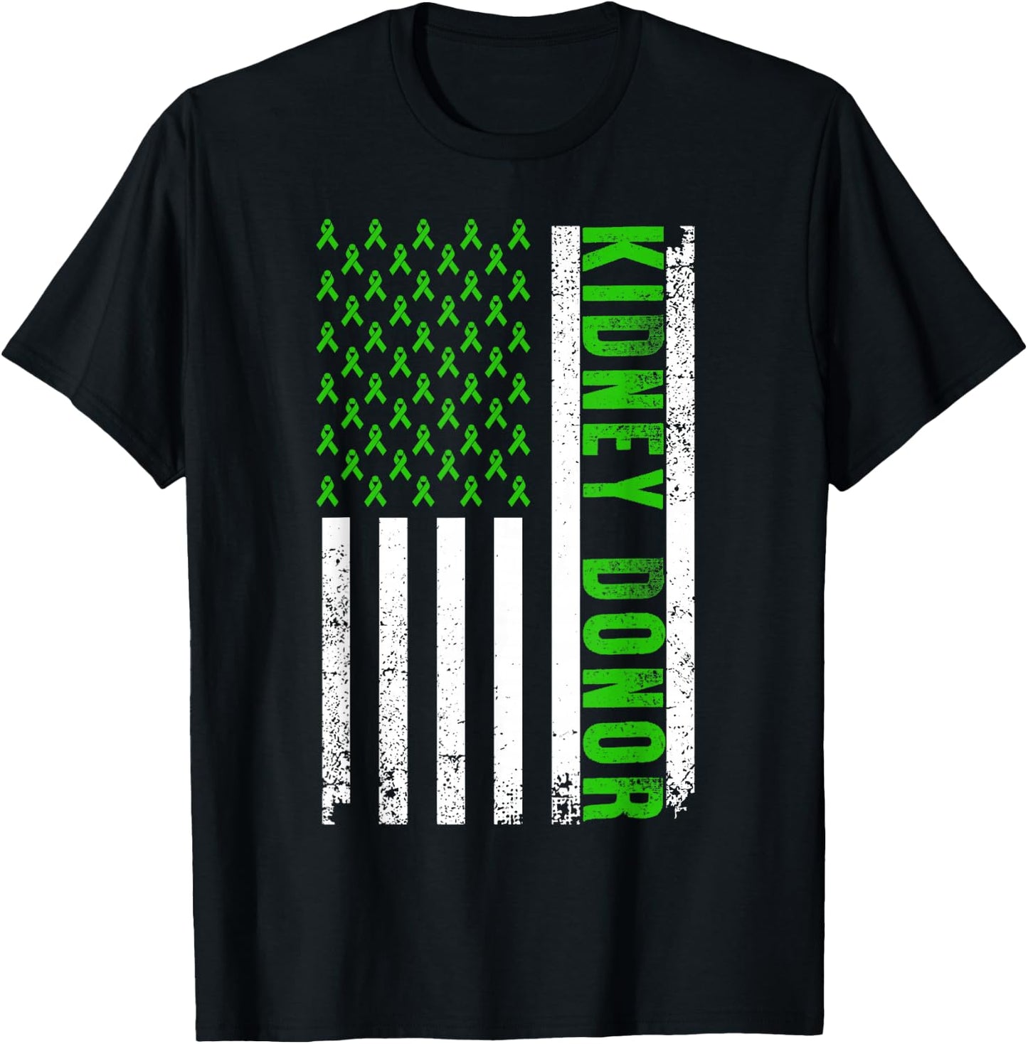 Cute Kidney Donor US Flag Art Kidney Transplant Green Ribbon T-Shirt - T-Shirt | Black