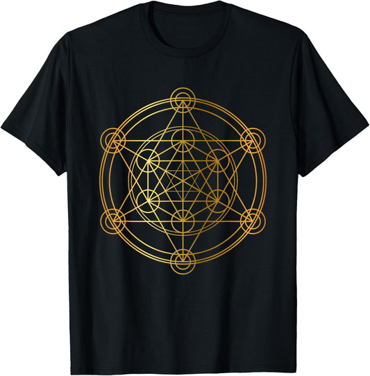 Metatron's Cube Sacred Geometry Yoga Pray Gold T-Shirt - T-Shirt | Black